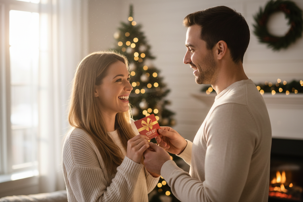 a smiling white woman is having a girt card from his man